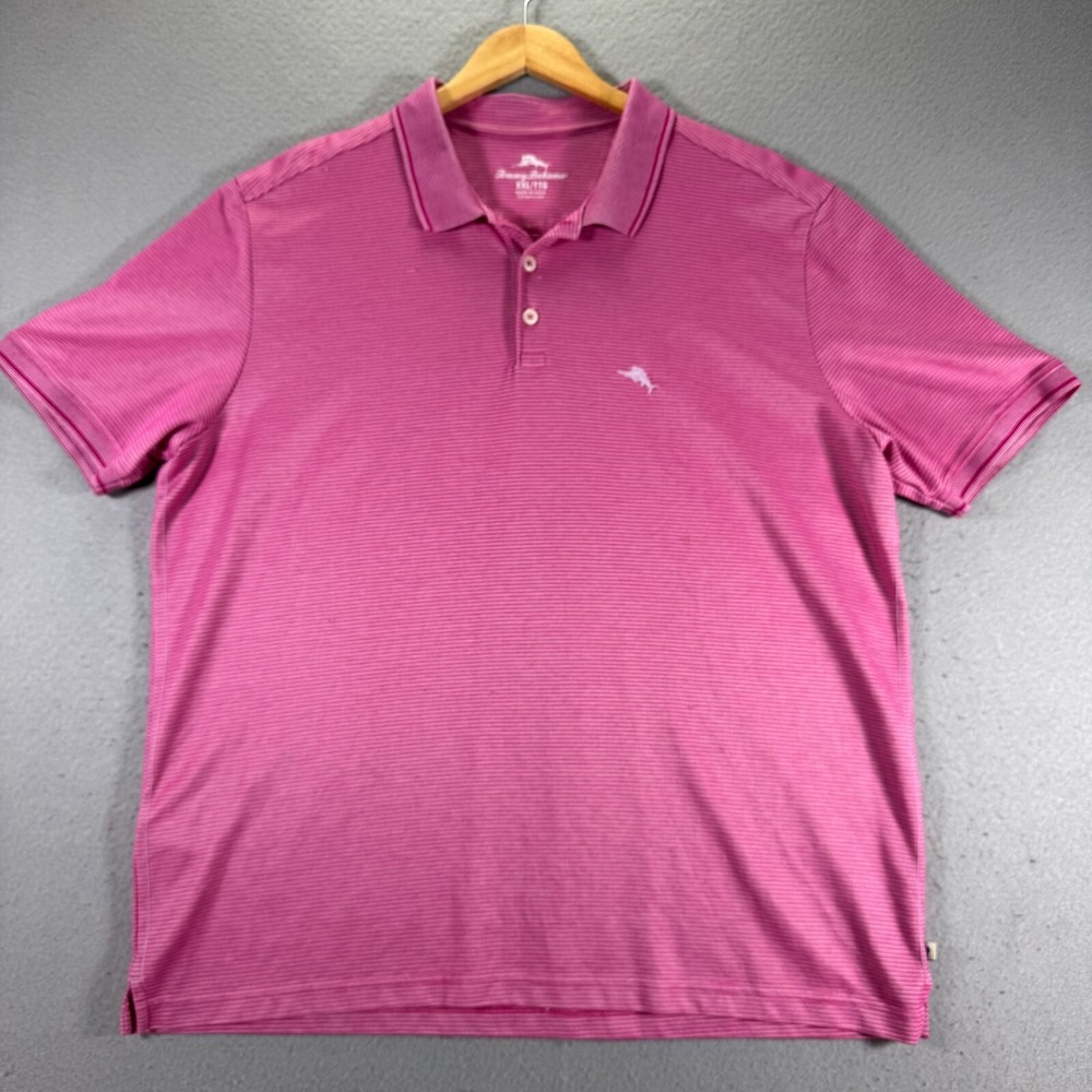 Tommy Bahama Polo Shirt Mens 2XL Pink Striped Sportsman Beach Surf Preppy